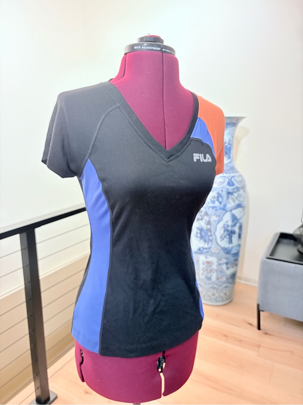 Fila Black V-Neck Colorblock Top with Blue and Orange Panels